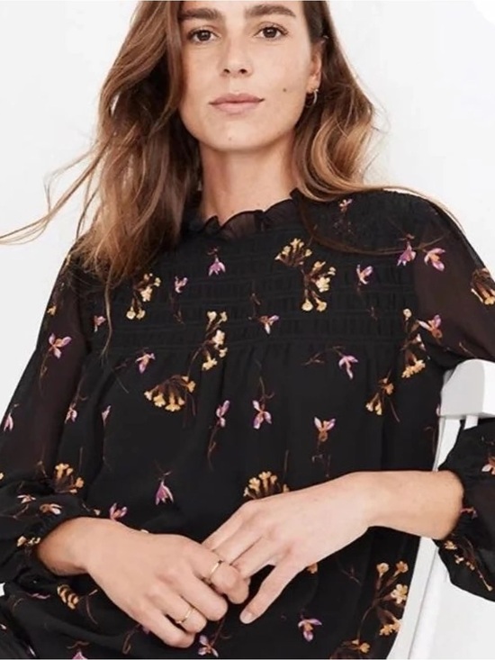 Madewell Tops - Madewell Black Floral Ruffle-Neck Long Sleeve Blouse